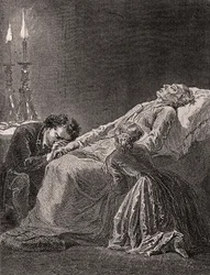Morte di Jean Valjean tra Cosette e Marius - illustrazione da Les Misérables, XIX secolo